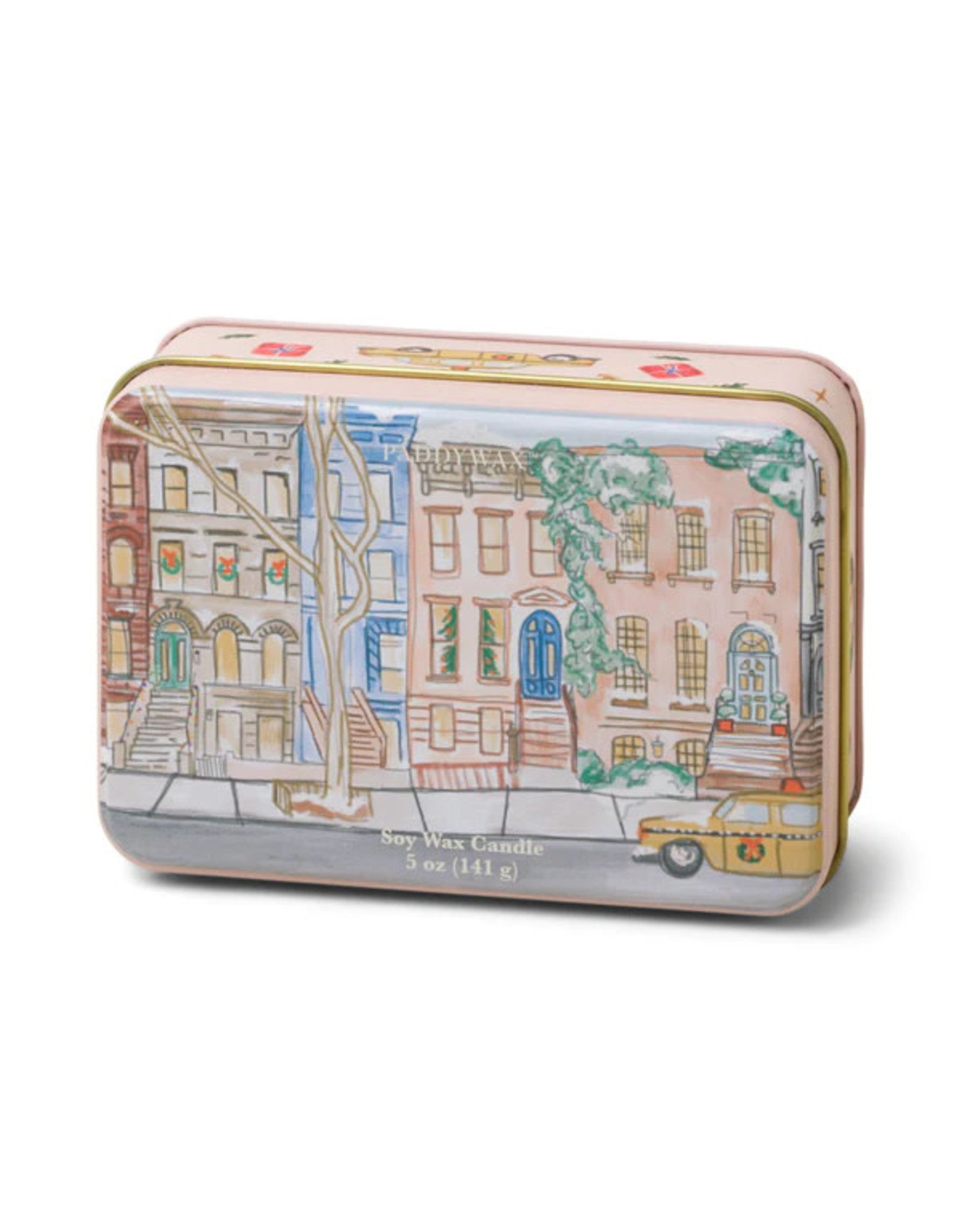 Paddywax Tangerine and Clove Holiday Tin 5oz Matte Illustrated with Brownstone Scene Candle
