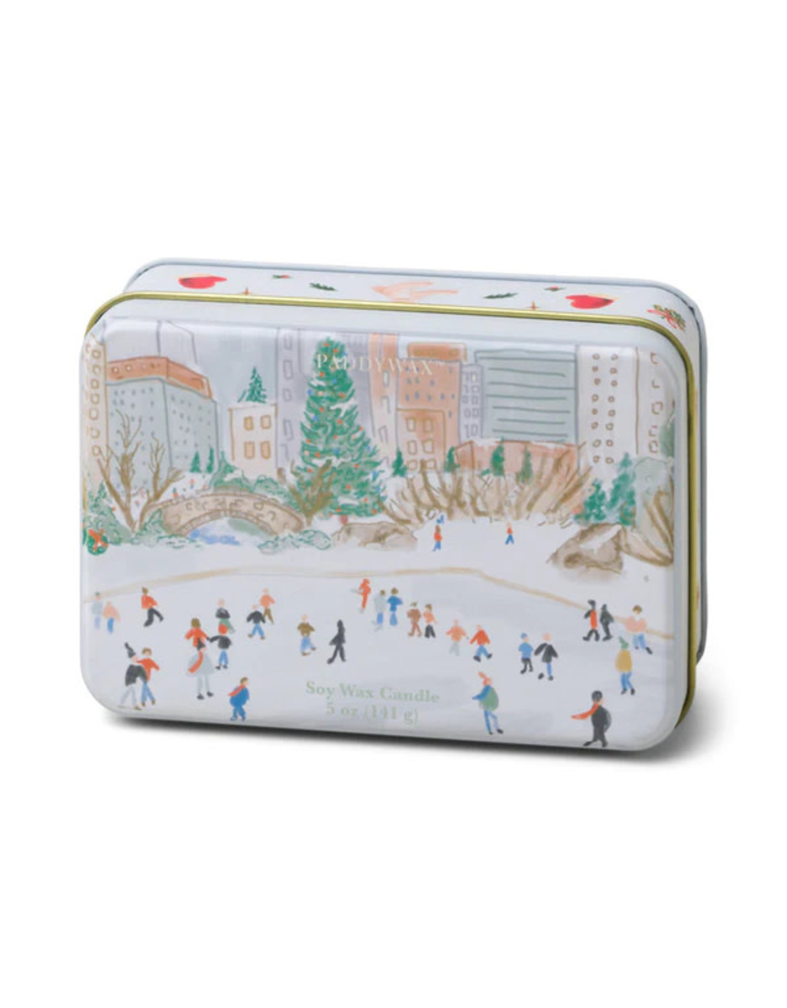 Paddywax Mistletoe and Mint Holiday Tin 5oz Matte Illustrated with Ice Skating Scene Candle