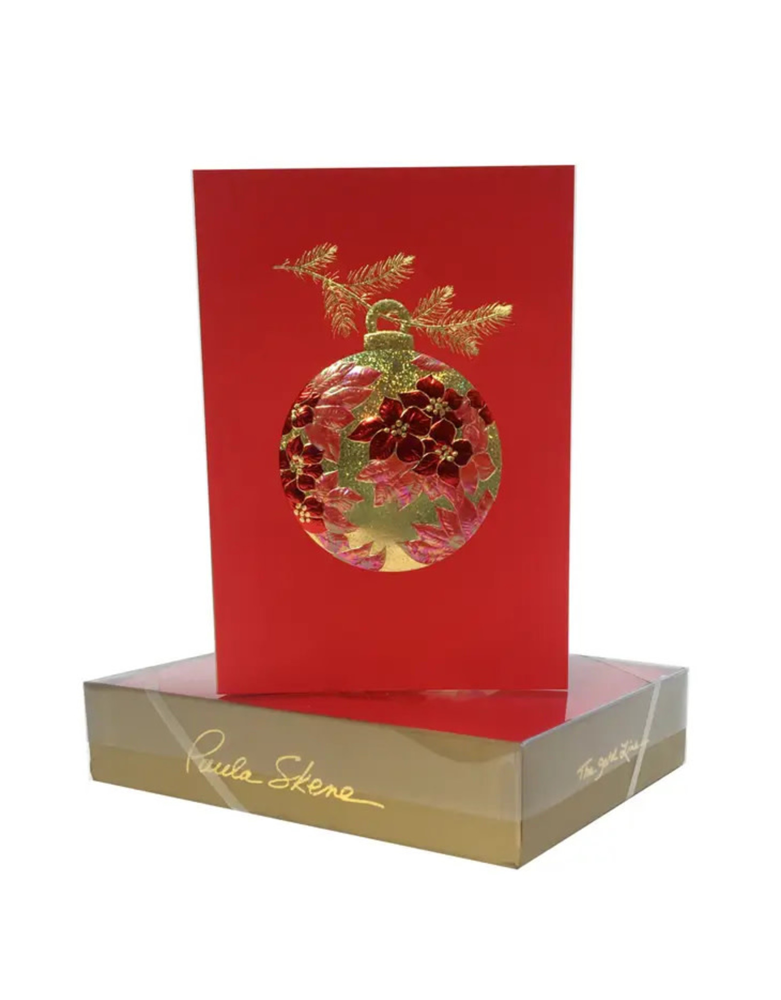 Paula Skene Designs Poinsettia Ornament on Red Christmas A7 Notecard