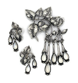 Cini Vintage Mid-Century Sterling Leaves & Moonstone Teardrops Clip-On Earrings & Brooch Demiparure by Guglielmo Cini