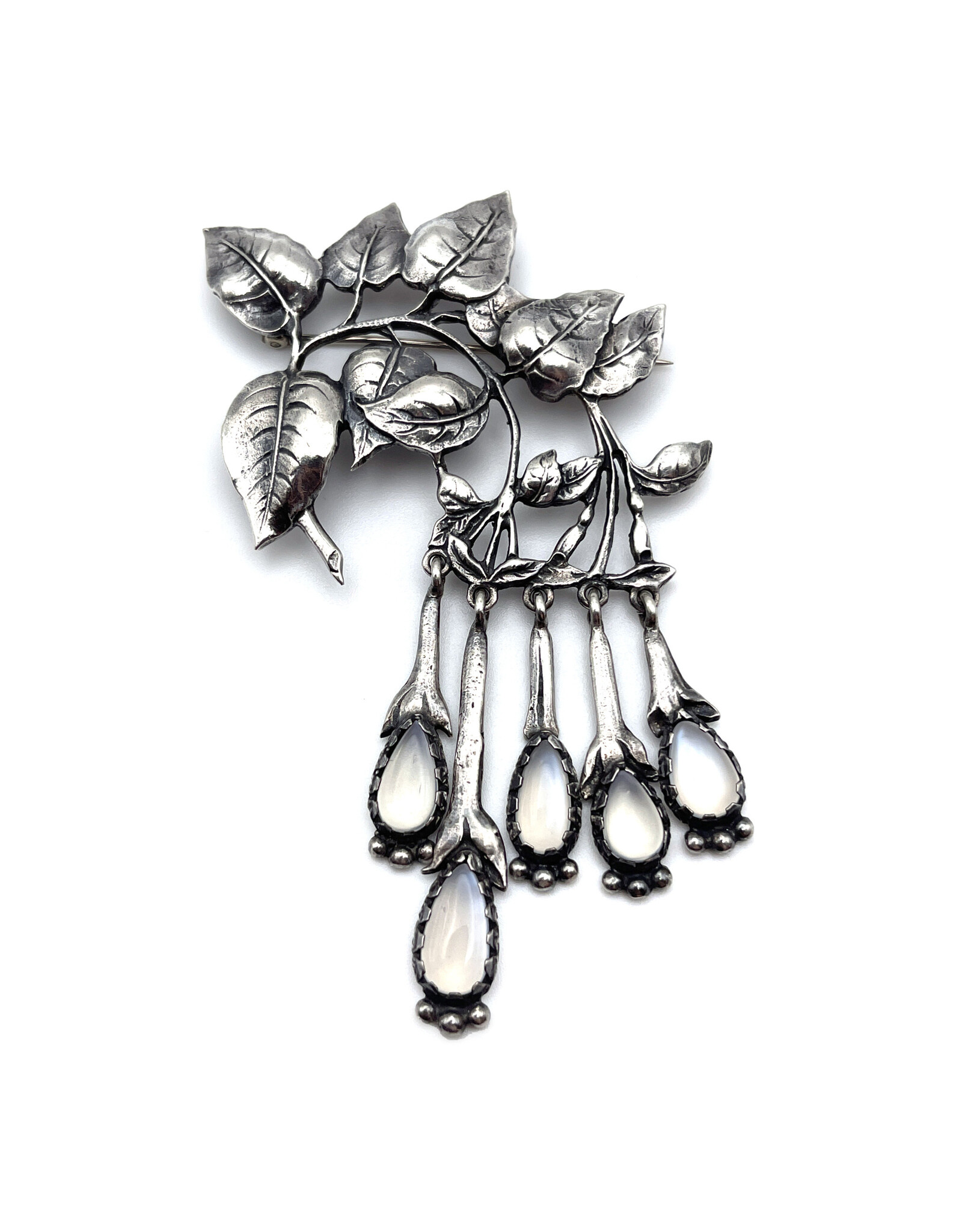 Cini Vintage Mid-Century Sterling Leaves & Moonstone Teardrops Clip-On Earrings & Brooch Demiparure by Guglielmo Cini