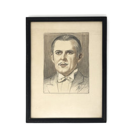Framed Drawing of Formally Dressed Man with Pencil Mustache 1930s