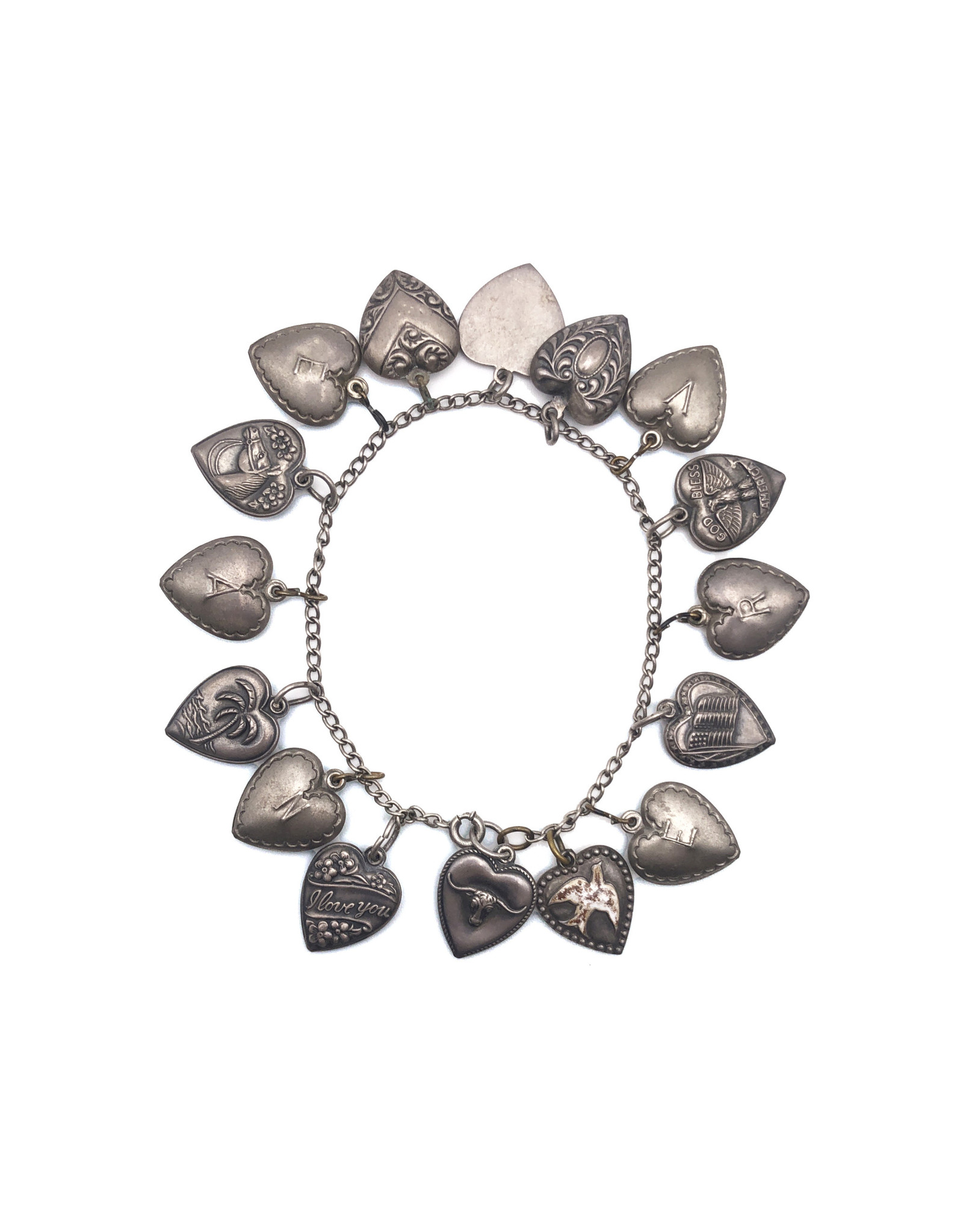 7¼ In. Vintage Sterling Puffy Heart Charms Bracelet