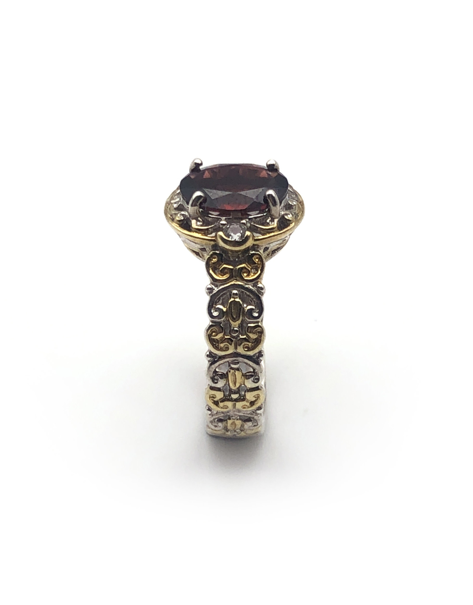 Ornate Sterling Ring with Pyrope and 2 Small Colorless Gems