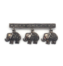 ACi Sterling Bar Pin with Three Dangling Elephants with Garnet Eyes