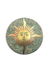 Midcentury Taxco Sterling Disc Brooch with Copper and Brass Sun Inlaid in Green Stone