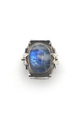 Large Moonstone Cabochon Sterling Ring with Flower and Cord Motif