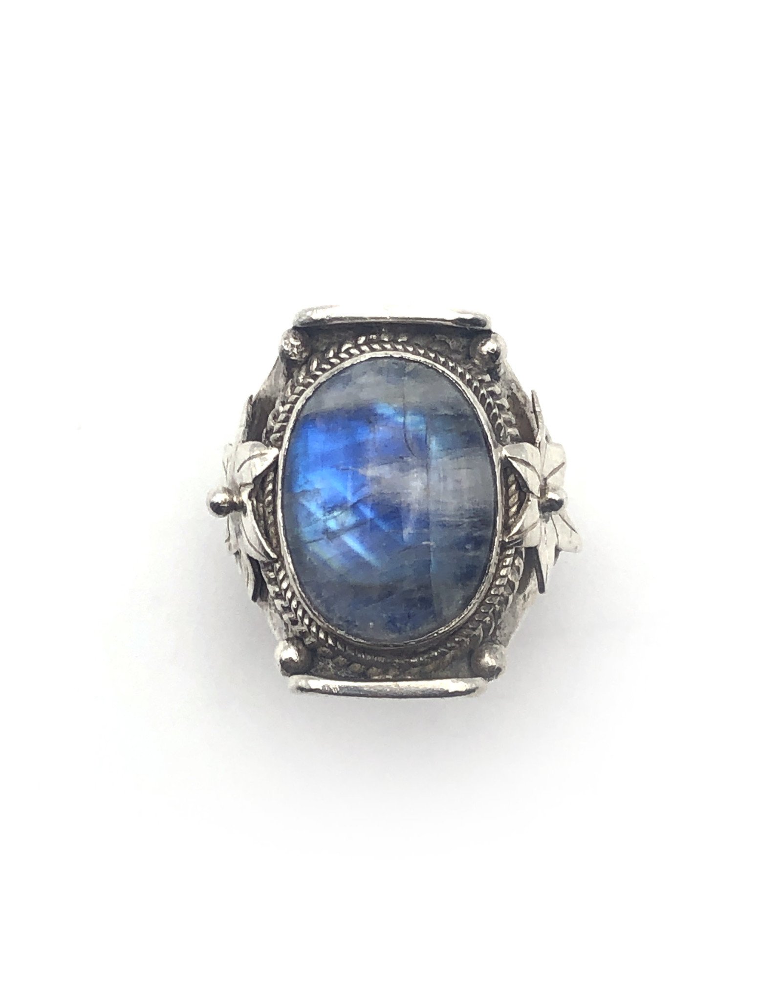 Large Moonstone Cabochon Sterling Ring with Flower and Cord Motif