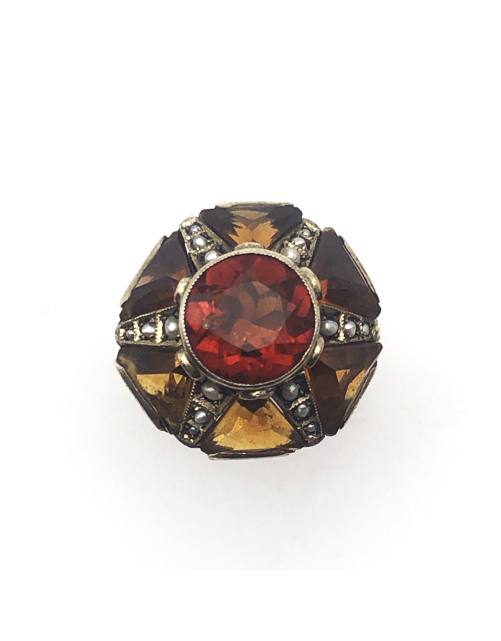 Hexagonal 800 Silver Ring with 7 Orange Citrines and 18 Seed Pearls