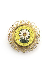 Small Round Yellow Micromosaic Brooch with White Flower
