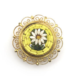 Small Round Yellow Micromosaic Brooch with White Flower