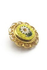 Small Round Yellow Micromosaic Brooch with While Flower