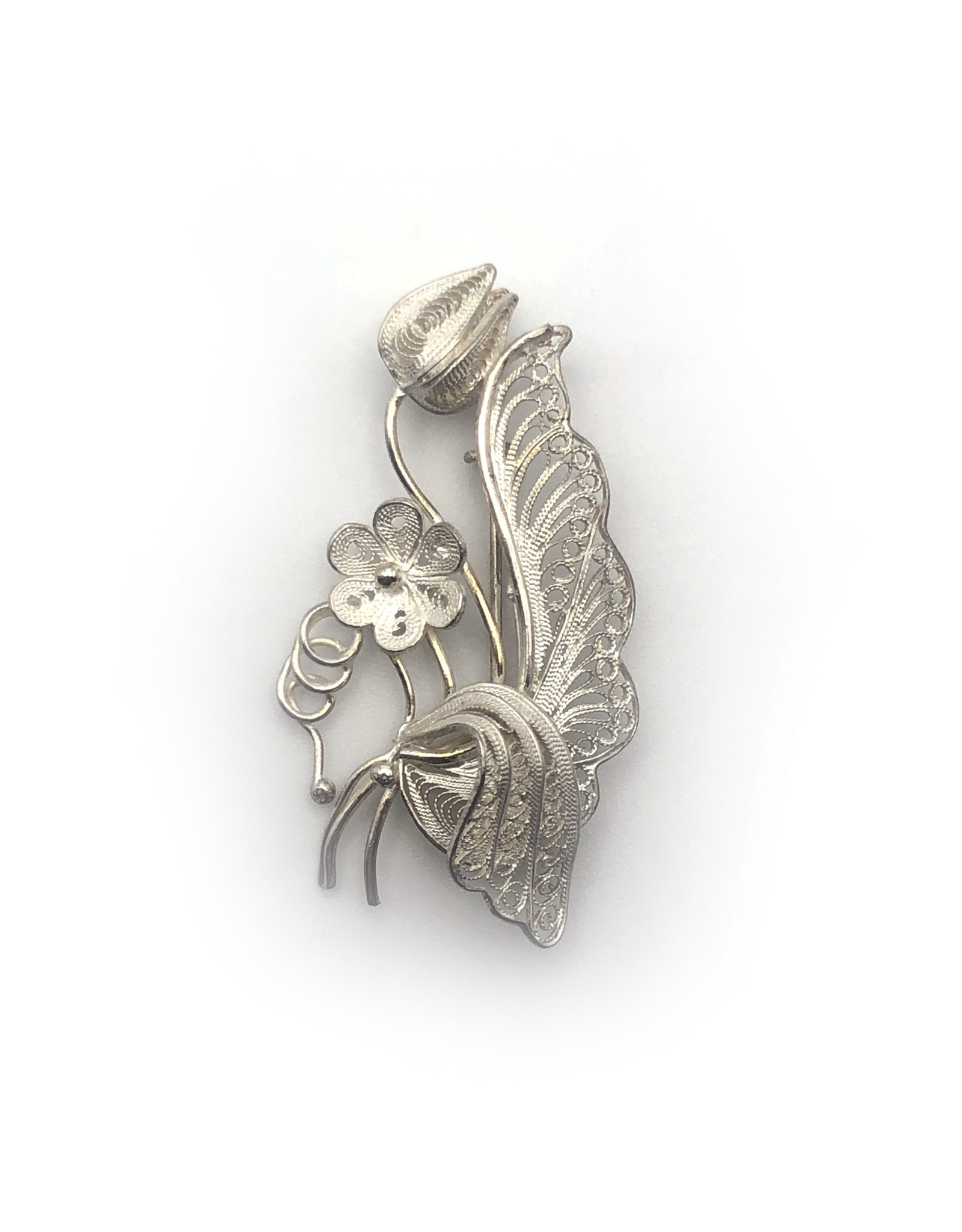 Sterling Filigree Flowers, Leaves & Tendril Brooch