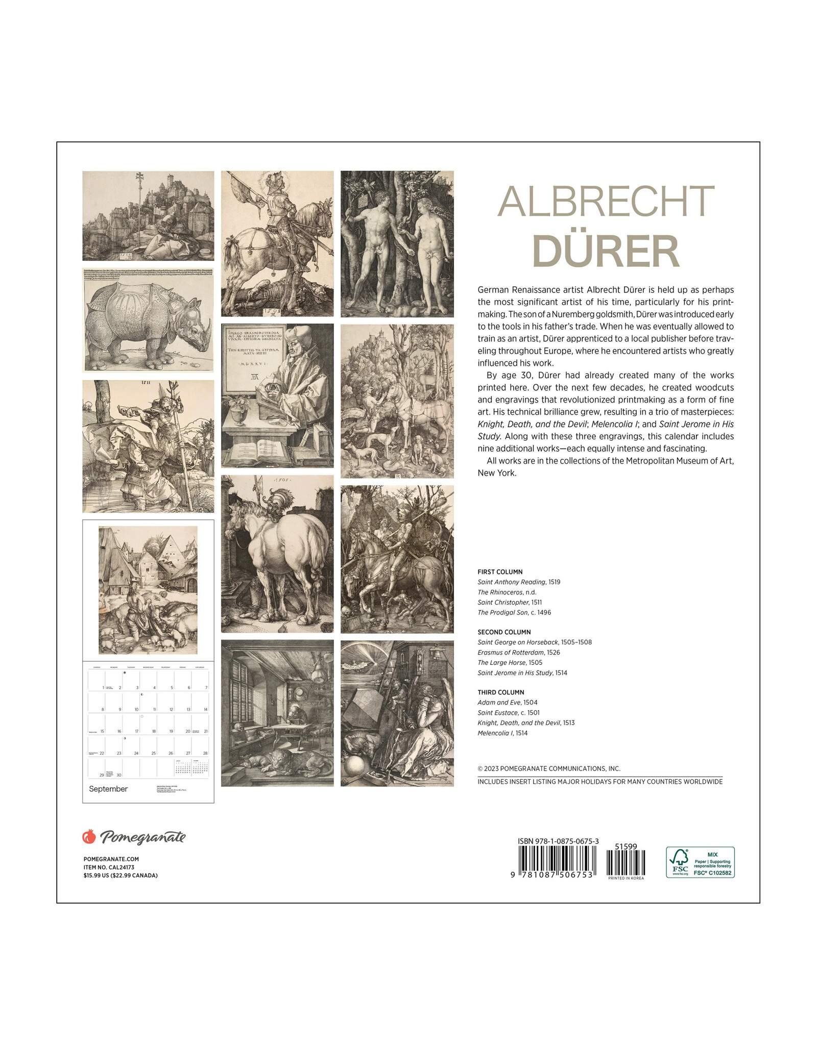 Pomegranate Albrecht Dürer 2024 Wall Calendar