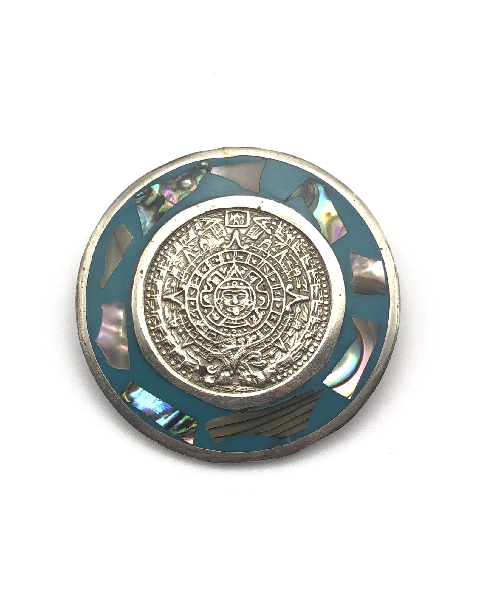 Alpaca Silver Sun Stone Medallion Brooch with Pieces of Mother of Pearl