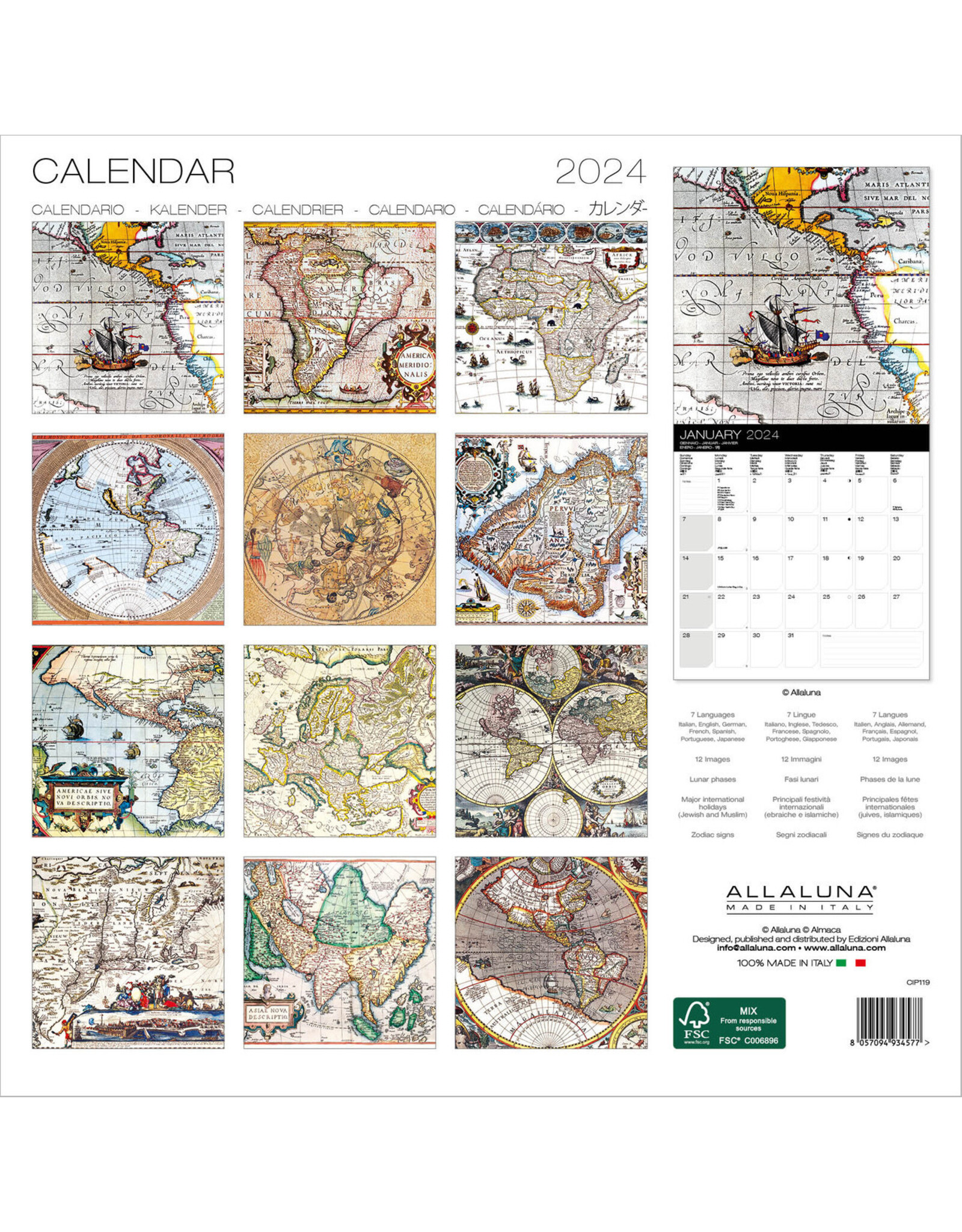 Allaluna Antique Maps 2024 Wall Calendar
