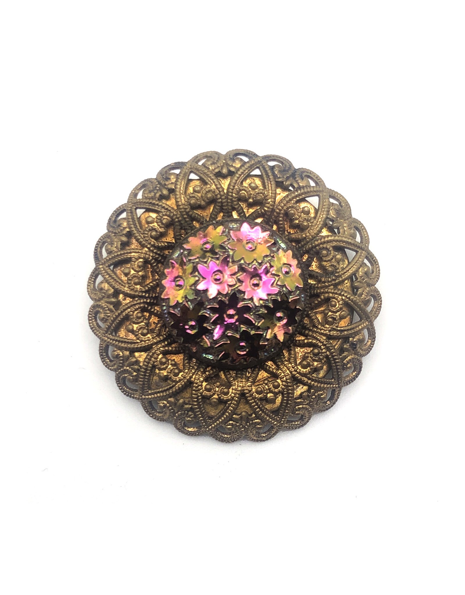 Vintage Rondel Scarf Clip with Iridescent Flower Bunch in Center
