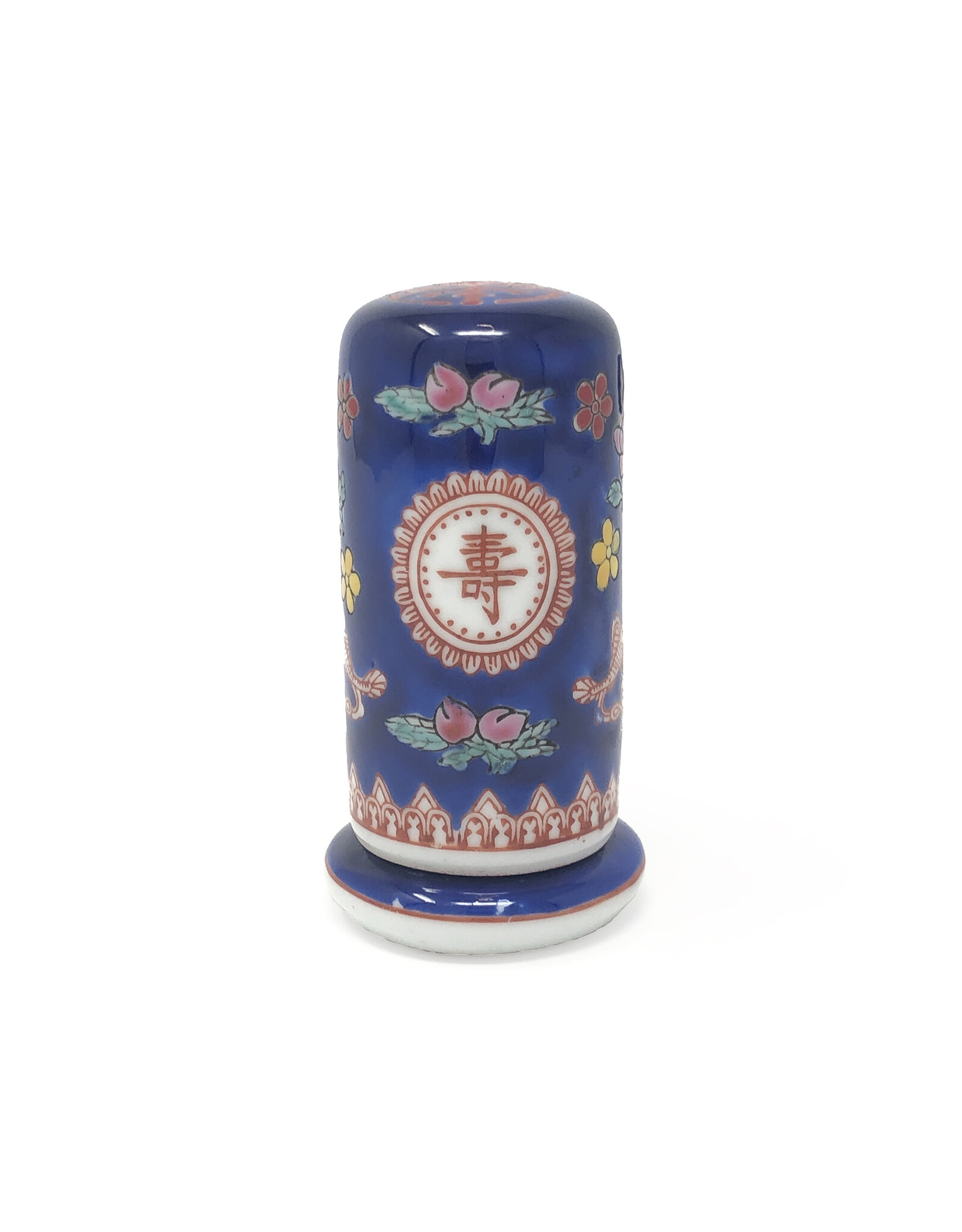 Vintage Famille Rose Covered Toothpick Holder with Shou Character and Other Auspicious Symbols