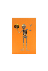 Paula Skene Designs Skeleton Holding Pumpkin on Orange Halloween Notecard