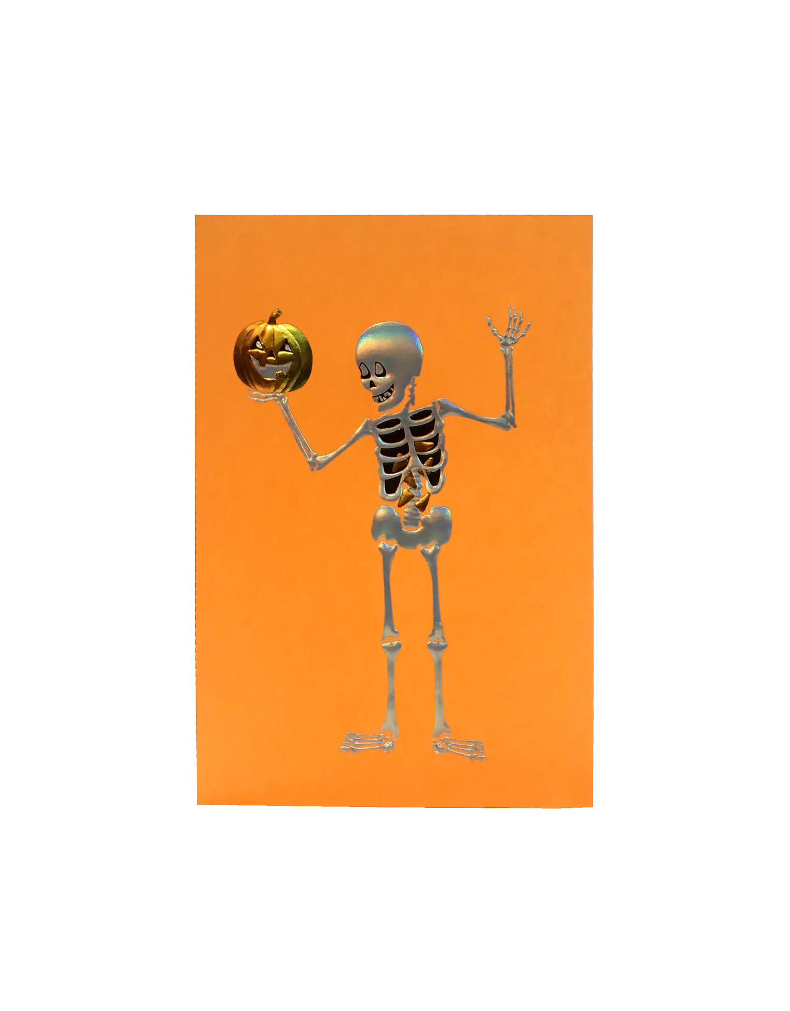 Paula Skene Designs Skeleton Holding Pumpkin on Orange Halloween Notecard
