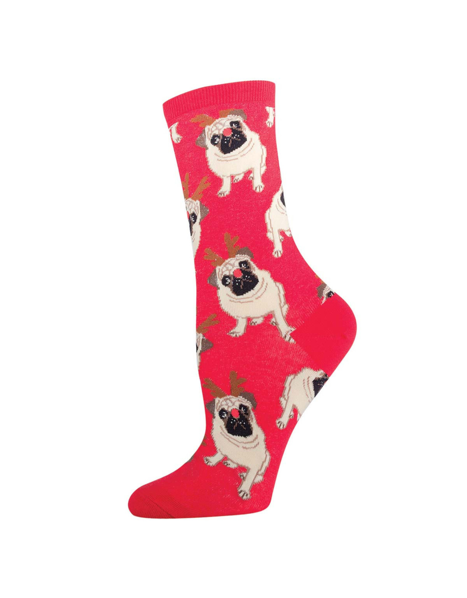 Socksmith Design Antler Pug Red 9-11 Women's Crew Socks