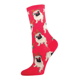 Socksmith Design Antler Pug Red 9-11 Women's Crew Socks