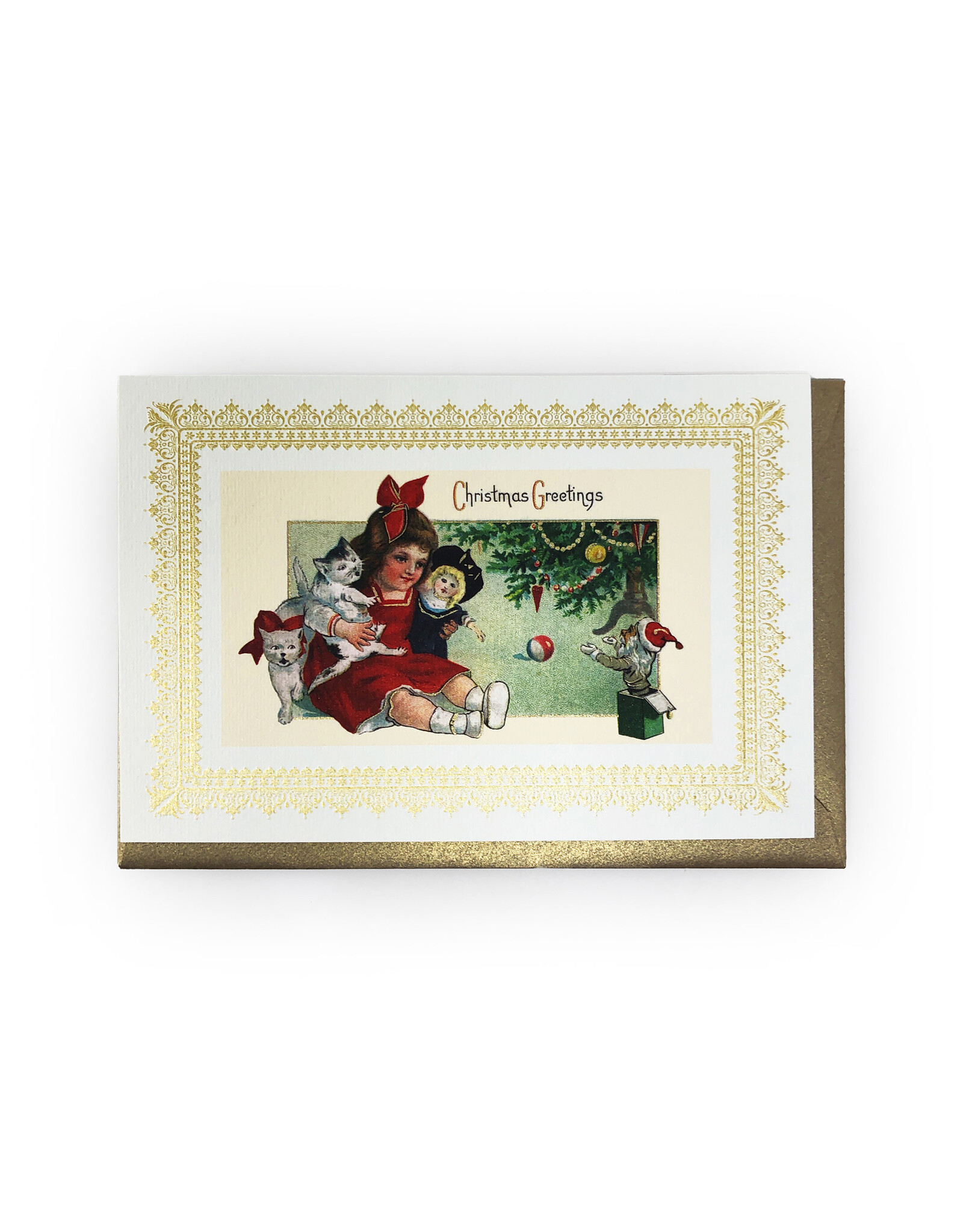 Rossi Vintage Girl with Doll and Cats Christmas Greetings Notecard