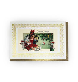 Rossi Vintage Girl with Doll and Cats Christmas Greetings Notecard