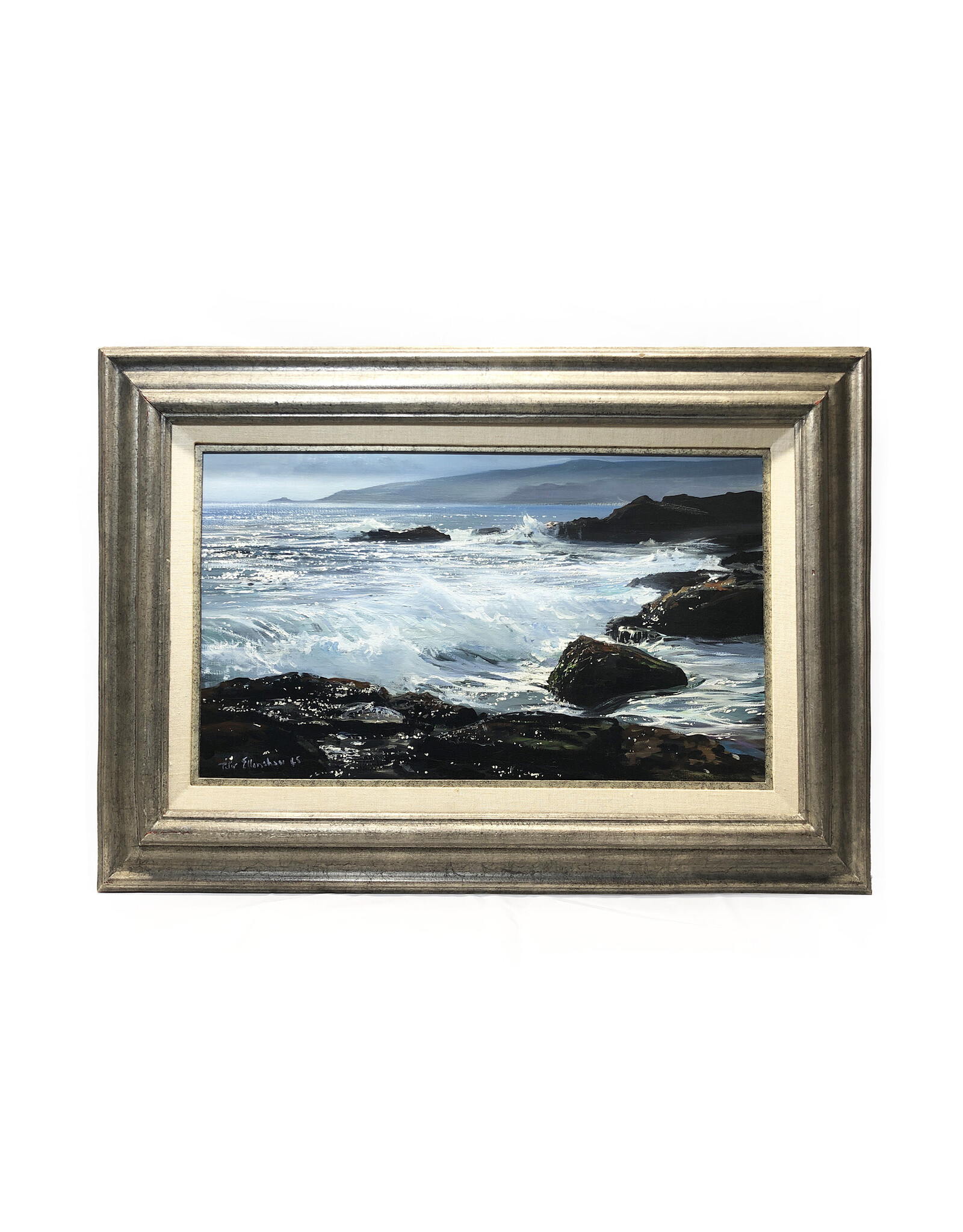 Peter Ellenshaw Waves Crashing on Rocks Coastal Scene Large Oil Painting on Canvas 14x24 in. 1965