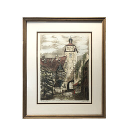 Austrian Town Street Scene with Clock Tower Framed Color Lithograph Signed No.211/245