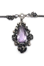 Sterling Rosebud Bar Chain Necklace with Large Pendeloque Amethyst Pendant