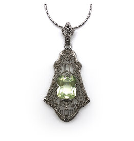 10K White Gold Filigree Pendant with Medium Chrysoberyl on 14K White Gold Chain  0025631