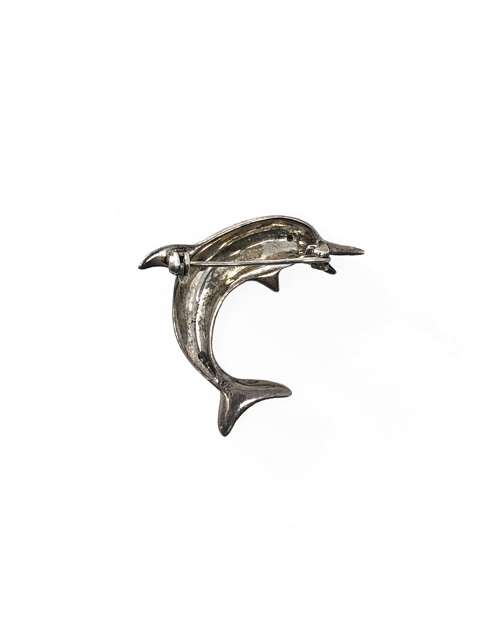Marcasite-Studded Sterling Dolphin Brooch with Garnet Eye