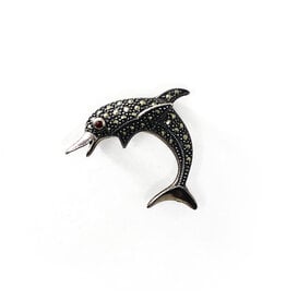 Marcasite-Studded Sterling Dolphin Brooch with Garnet Eye