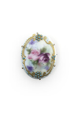 Pink & Purple Roses Antique Painted Porcelain Oval Brooch