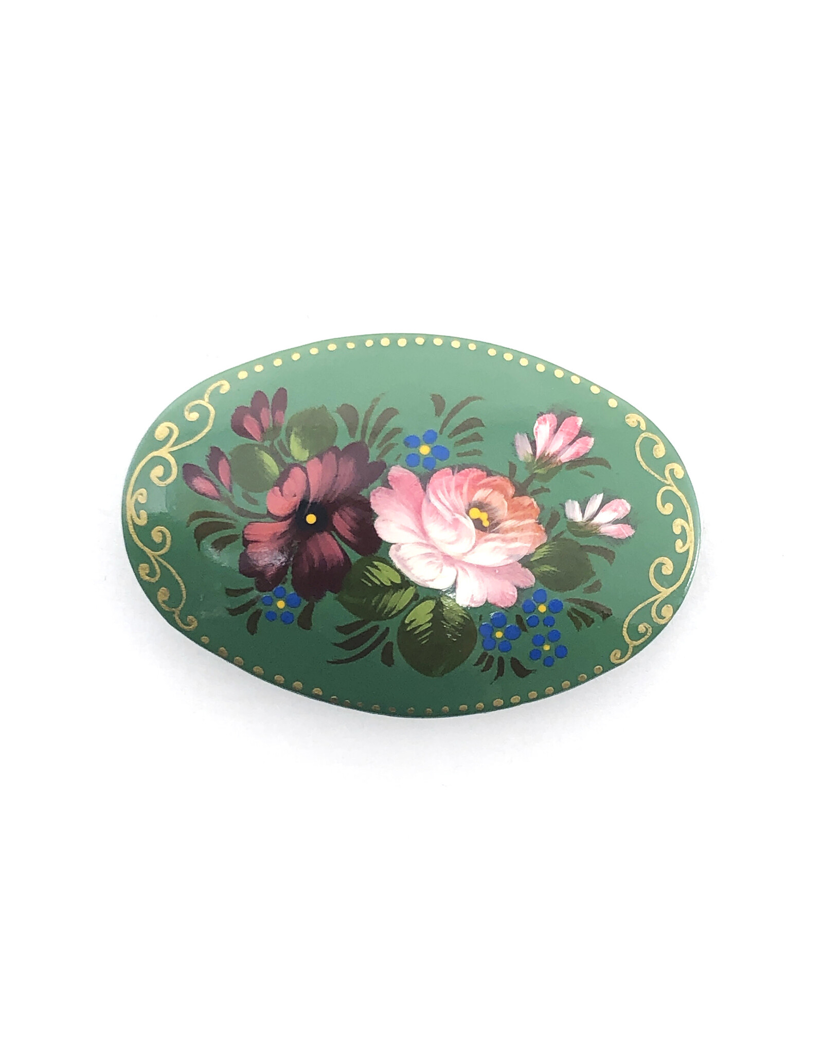 Green Floral Russian Lacquered Oval Brooch