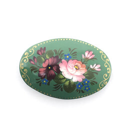 Green Floral Russian Lacquered Oval Brooch