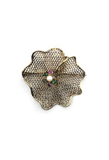 Vintage 14K Gold Mesh Brooch with Pearl Encircled by Precious Gems