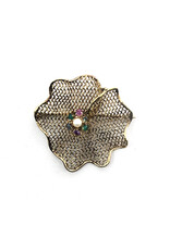 Vintage Gold-Color Mesh Brooch with Pearl Encircled by Precious Gems