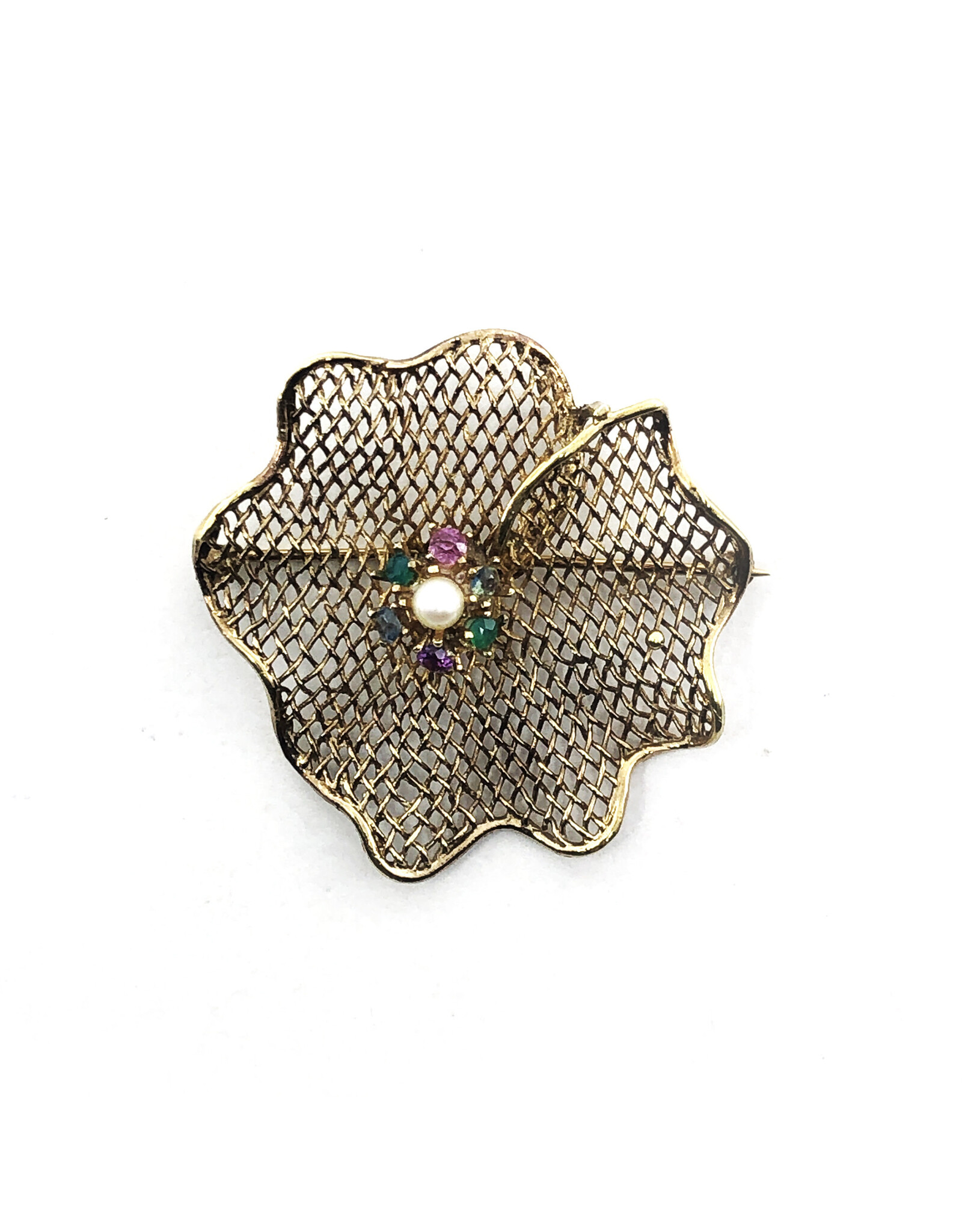 Vintage 14K Gold Mesh Brooch with Pearl Encircled by Precious Gems