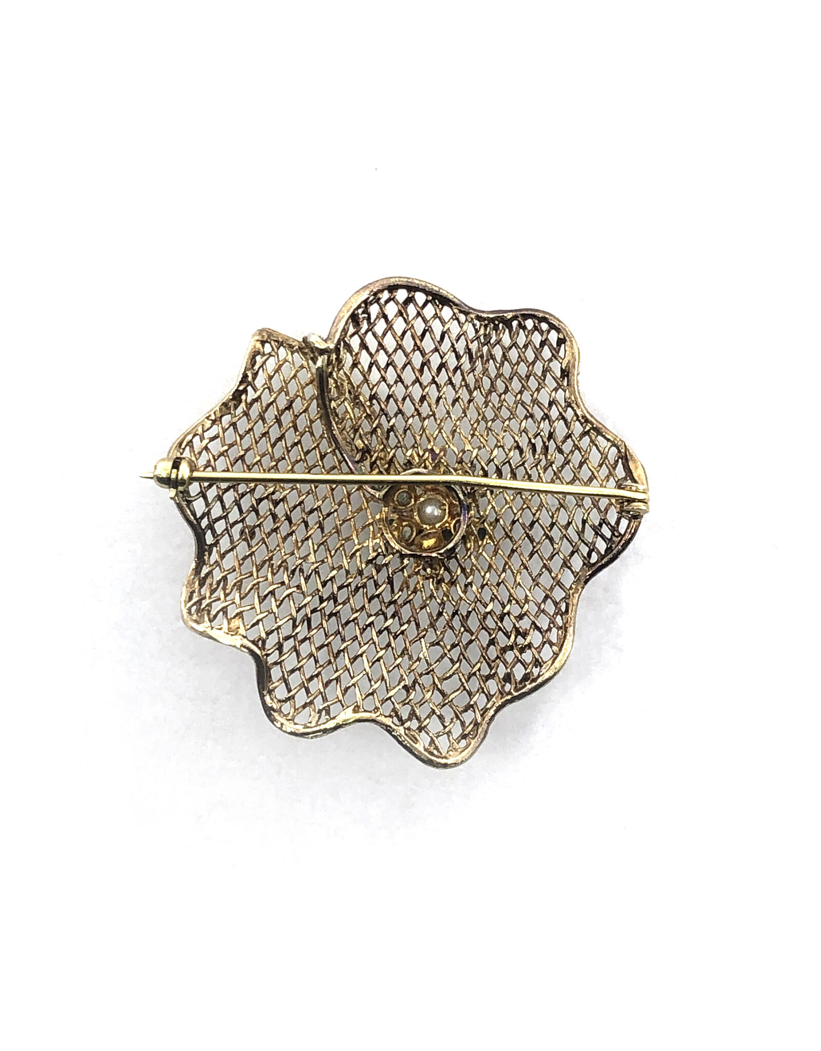 Vintage 14K Gold Mesh Brooch with Pearl Encircled by Precious Gems