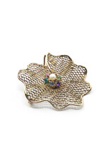 Vintage Gold-Color Mesh Brooch with Pearl Encircled by Precious Gems