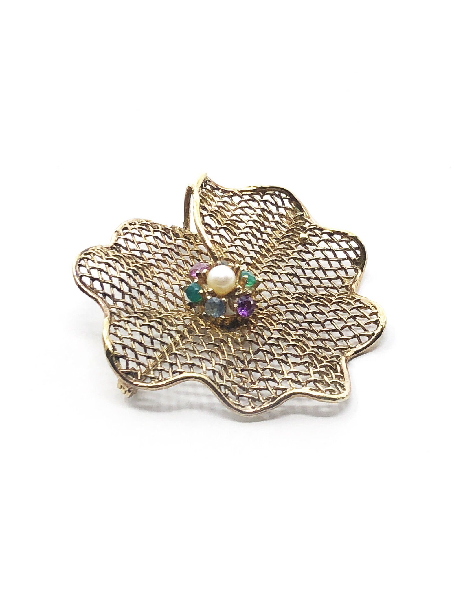 Vintage Gold-Color Mesh Brooch with Pearl Encircled by Precious Gems