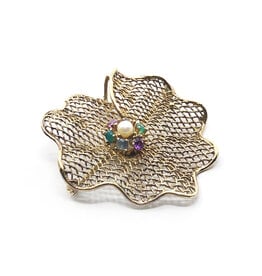 Vintage Gold-Color Mesh Brooch with Pearl Encircled by Precious Gems