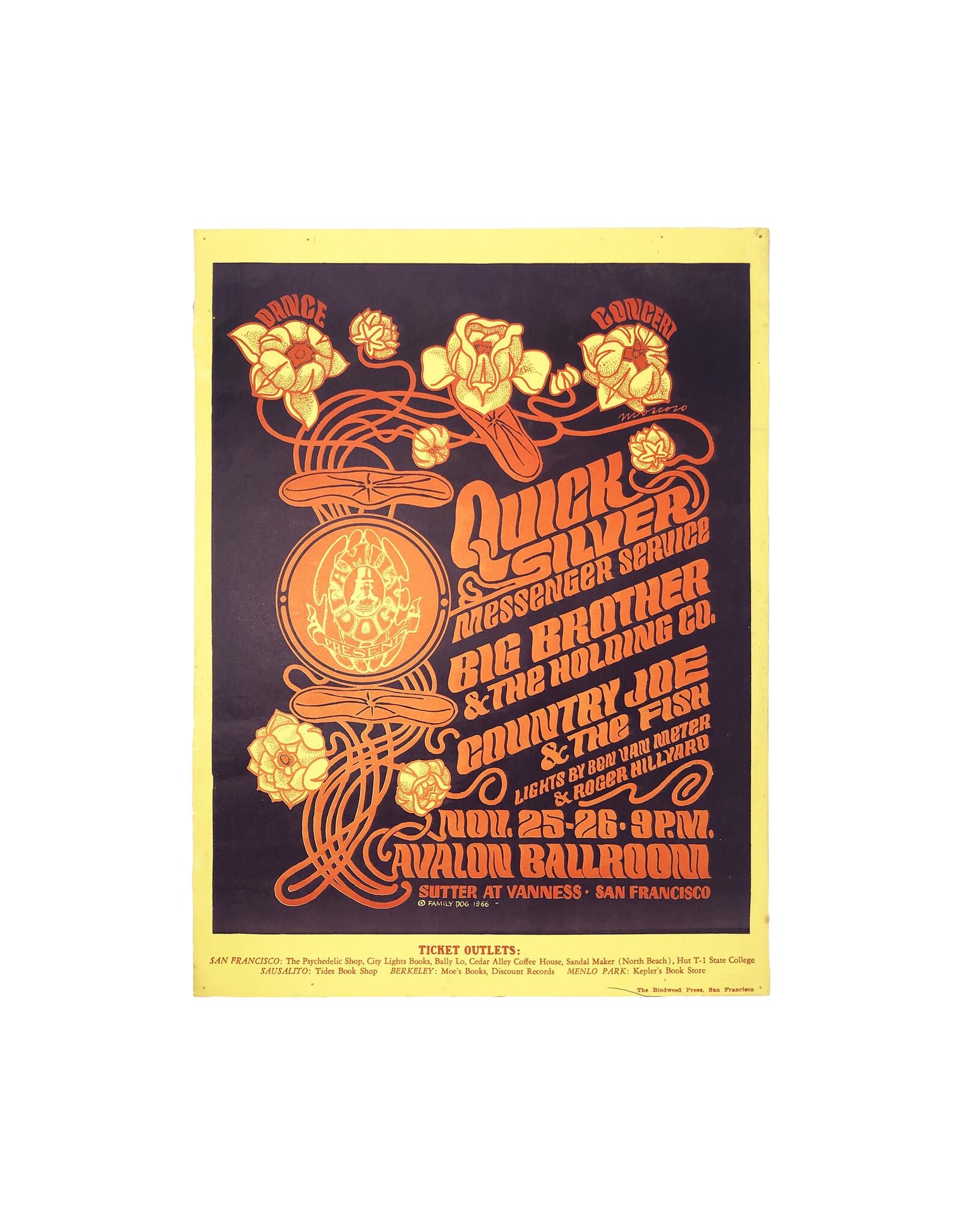 Family Dog Productions Quicksilver Messenger Service Big Brother & the Holding Co. Country Joe & the Fish Avalon Ballroom Vintage Concert Poster No.36 November 1966