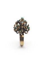 Gold Protea Flower Ring with 13 Emeralds and Textured Band