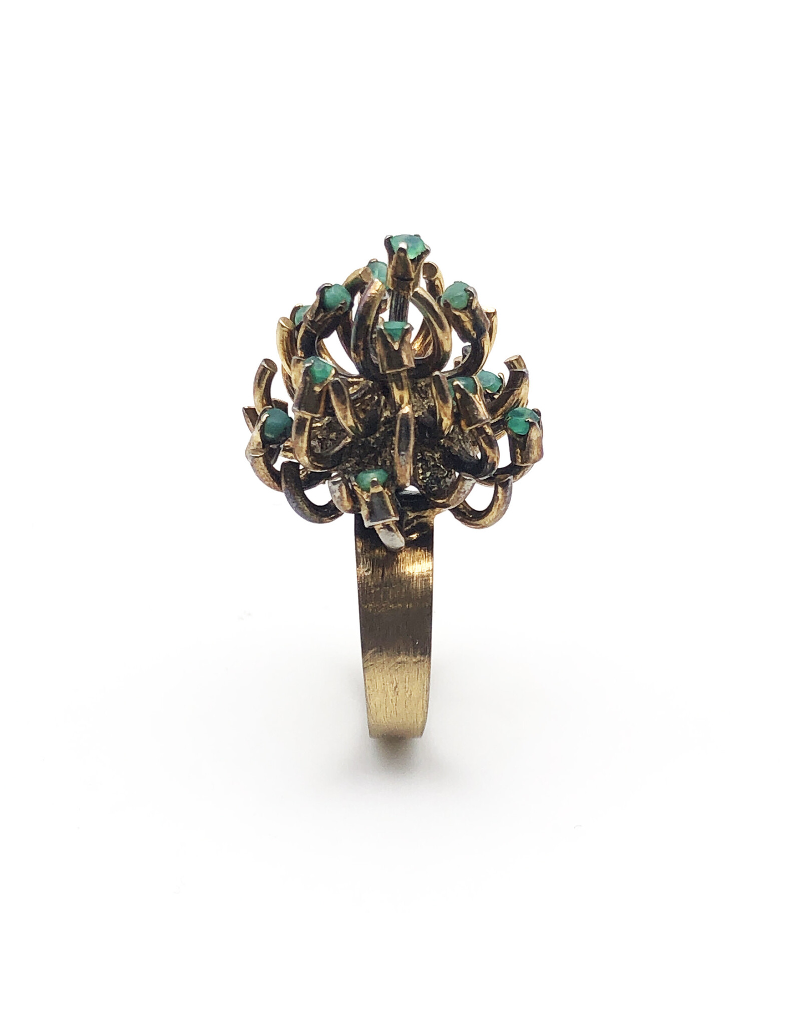 Gold Protea Flower Ring with 13 Emeralds and Textured Band