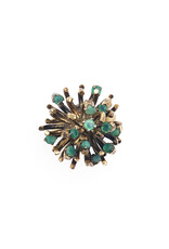 Gold Protea Flower Ring with 13 Emeralds and Textured Band
