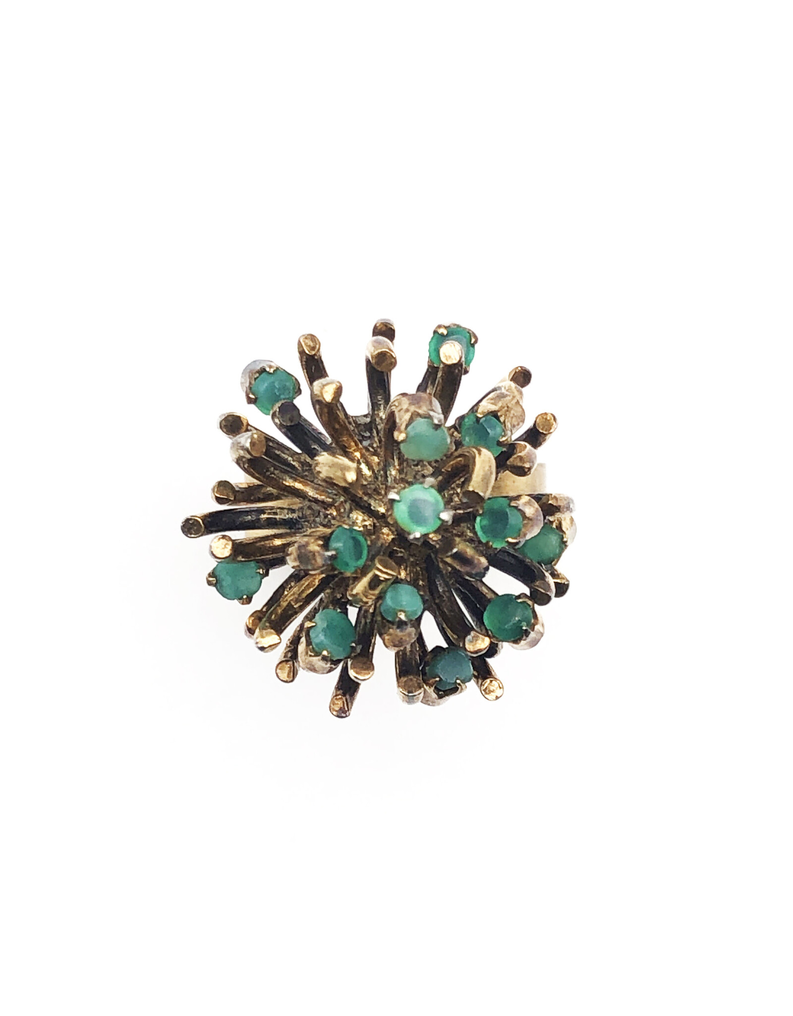Gold Protea Flower Ring with 13 Emeralds and Textured Band