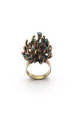Gold Protea Flower Ring with 13 Emeralds and Textured Band